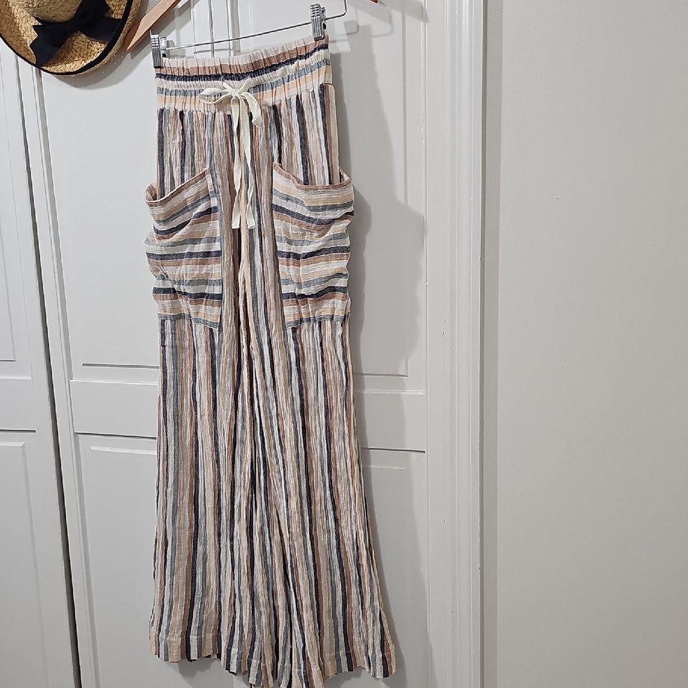 Free People Striped Wide Leg Pants in Cream, Tan & Blue
